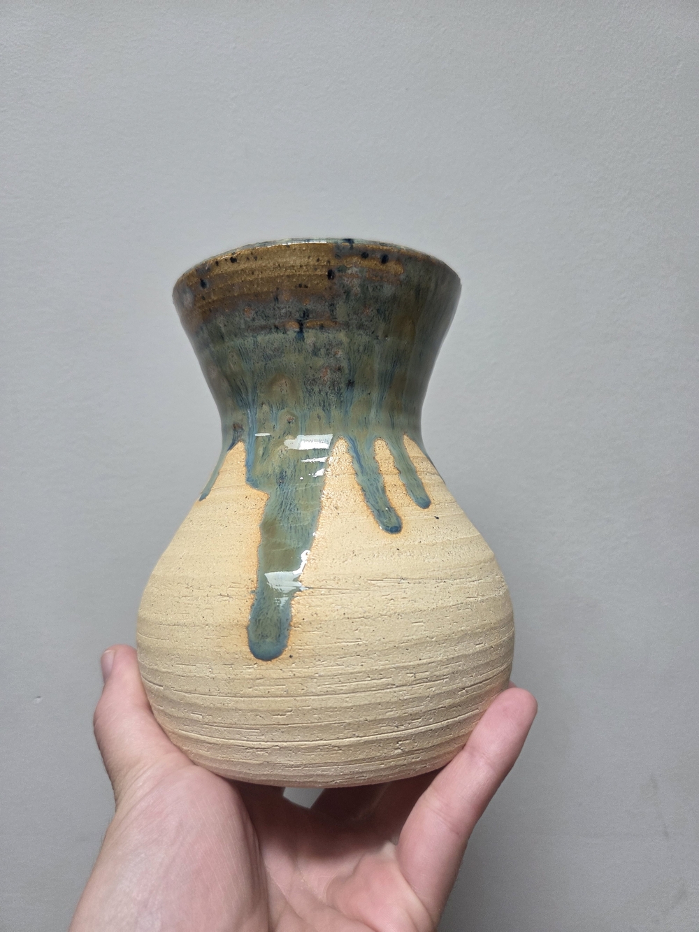 Handcrafted Ceramic Drip Glaze Vase in Cream and Blue-Green